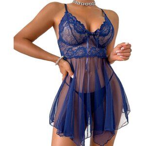 Women's Navy Lace Babydoll Dress Lingerie Pajamas with Pantie